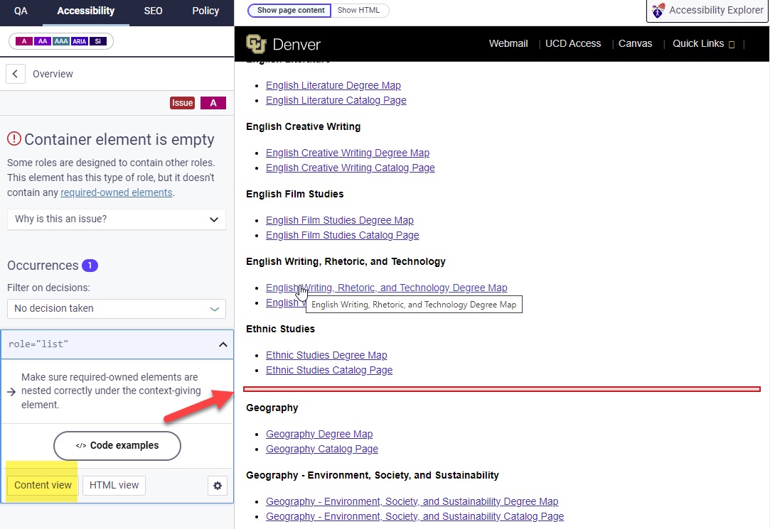 Image showing siteimprove report of empty container