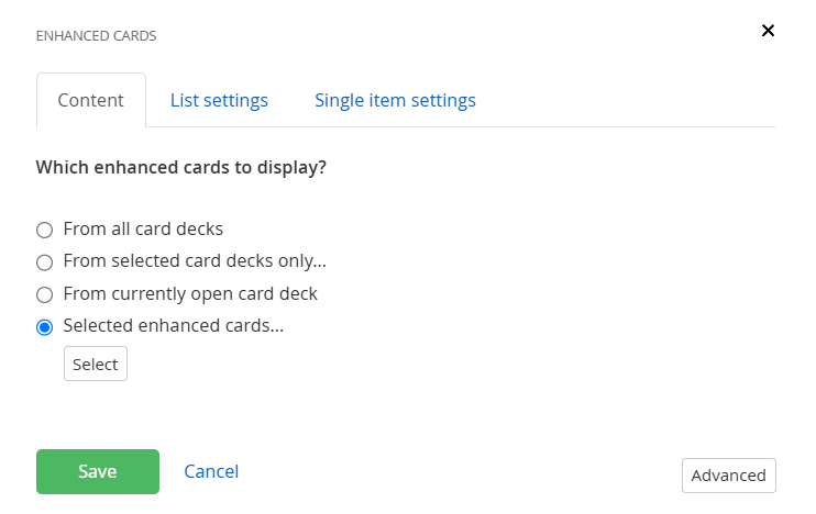 The designer view of the enhanced card has no selection