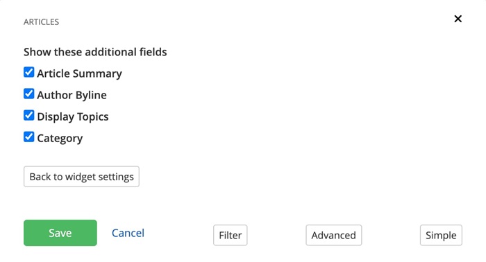 Articles widget - field options