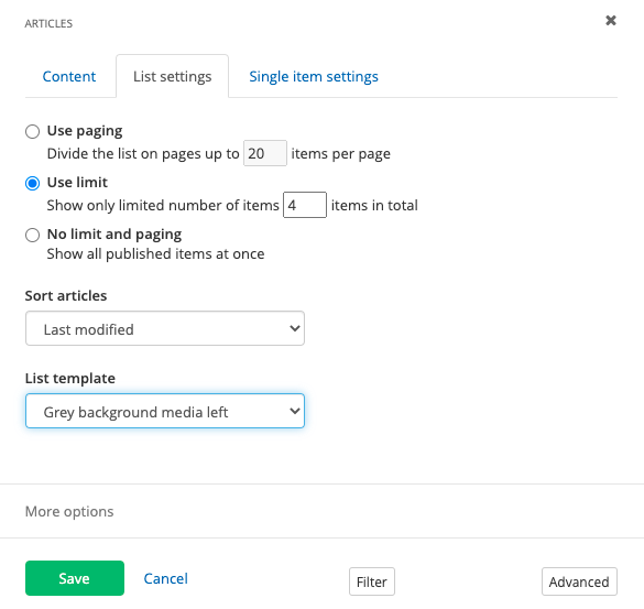 List settings for Newsroom