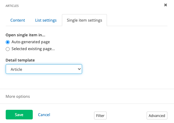 Single item settings for newsroom