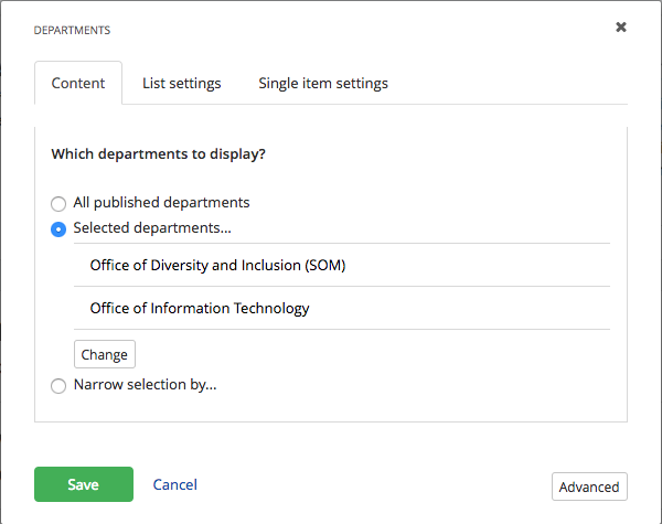 Department widget content settings 