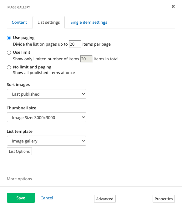 Image gallery List settings