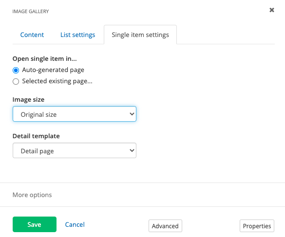Image gallery single item settings