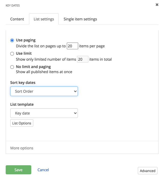 Key Dates List Settings