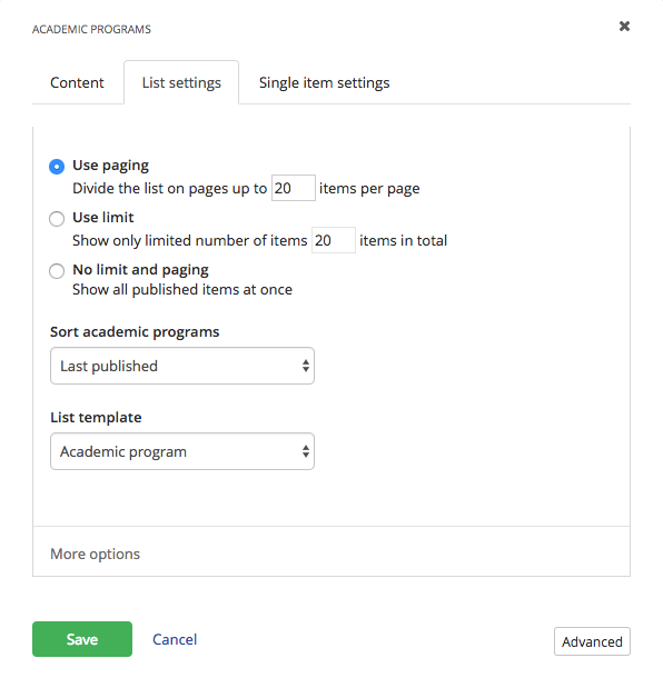 List Settings for Academic Program Widget