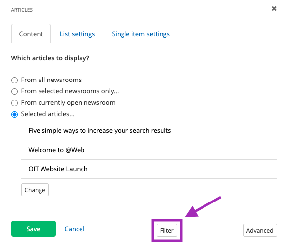 Newsroom content tab settings