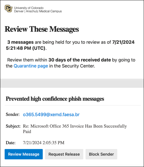 quarantine email sample screenshot