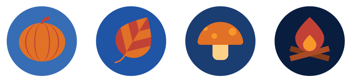 colorful illustration of fall themed icons including a pumpkin, leaf, mushroom, and campfire