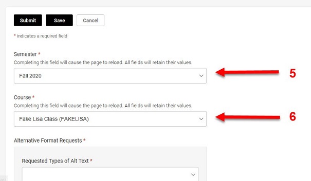 Screenshot of Semester and Course combo boxes with an arrowing pointing to each section.