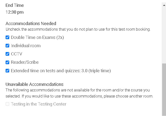 Screenshot of Accommodations needed