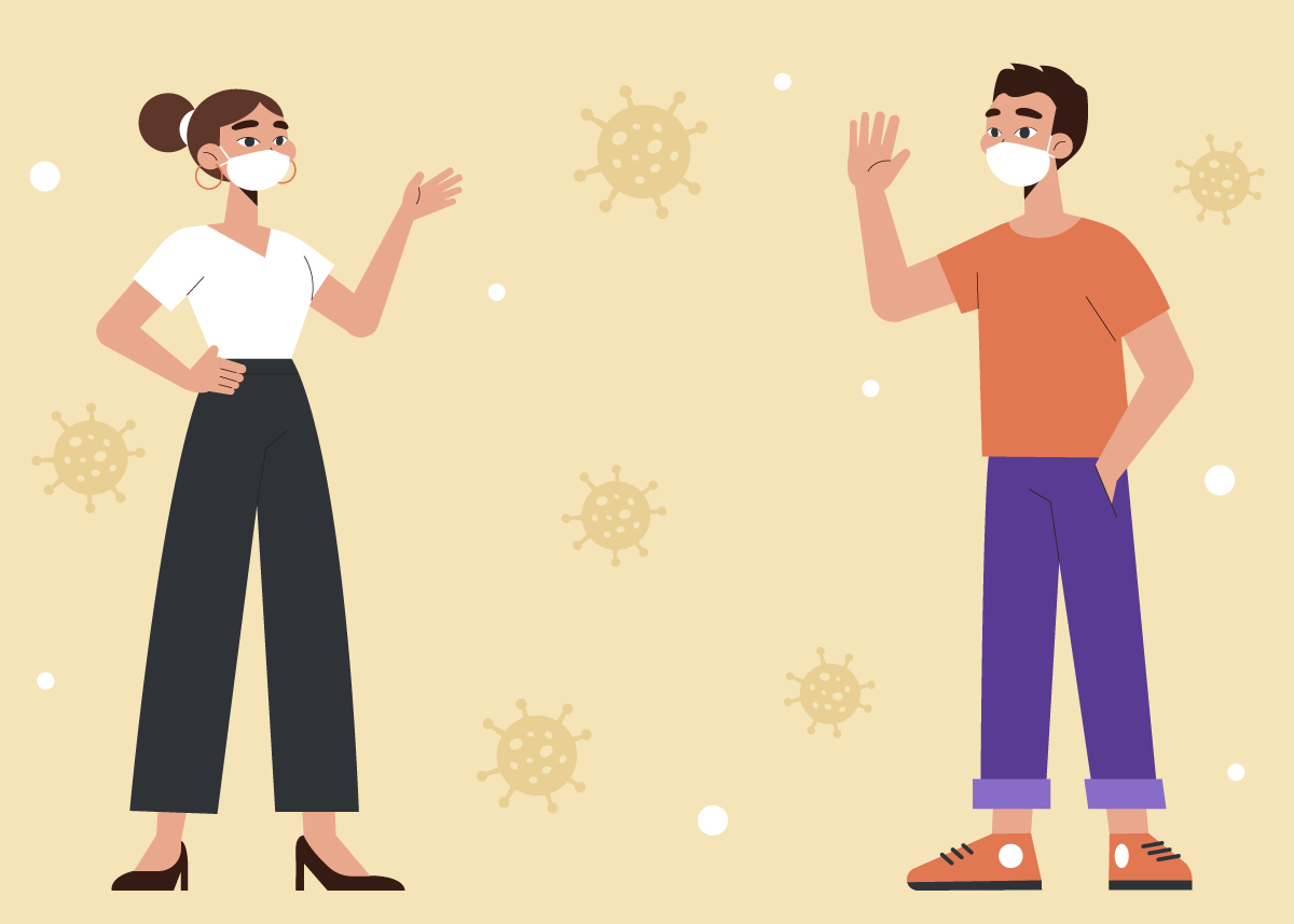 illustration of man facing woman distanced with virus particles surrounding them