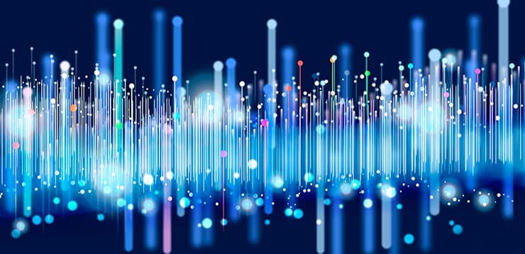 Data visualization with dark blue background and vertical data occurrences with circle at the top and bottom of the line.