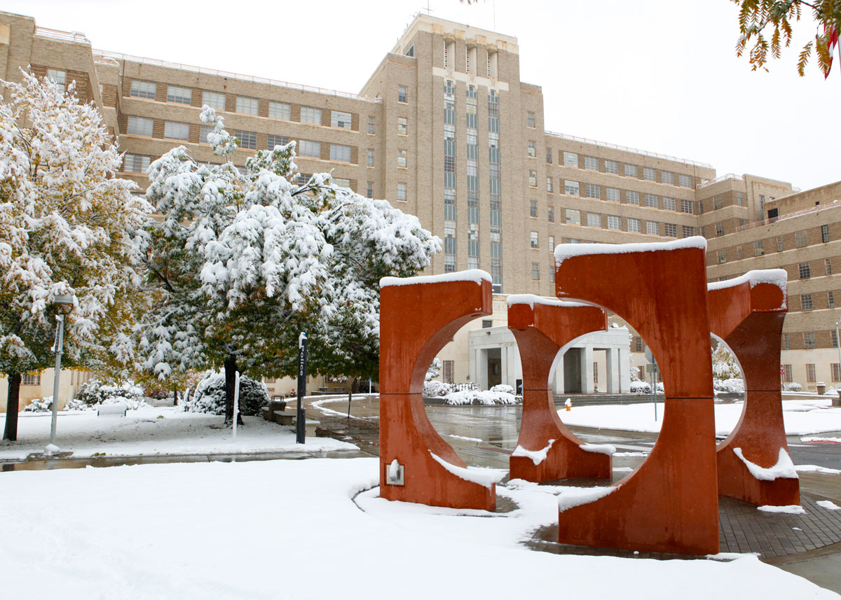 Fitzsimons building in winter on CU Anschutz Medical Campus