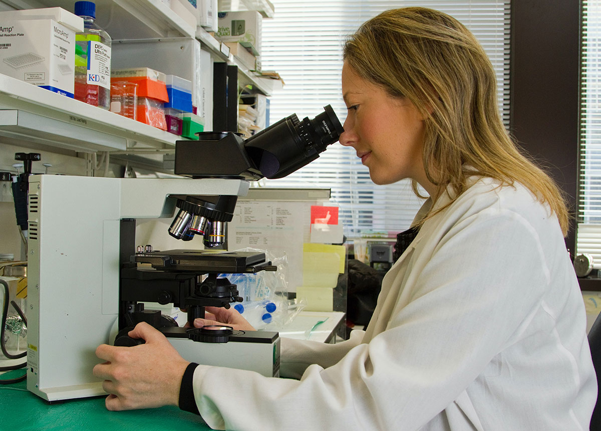 scientist looking into a microscope in a lab