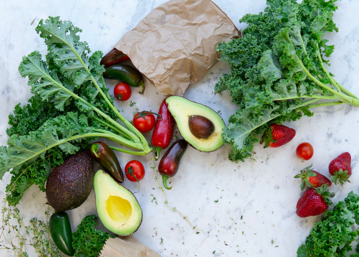 Fruits and vegetables displayed on table