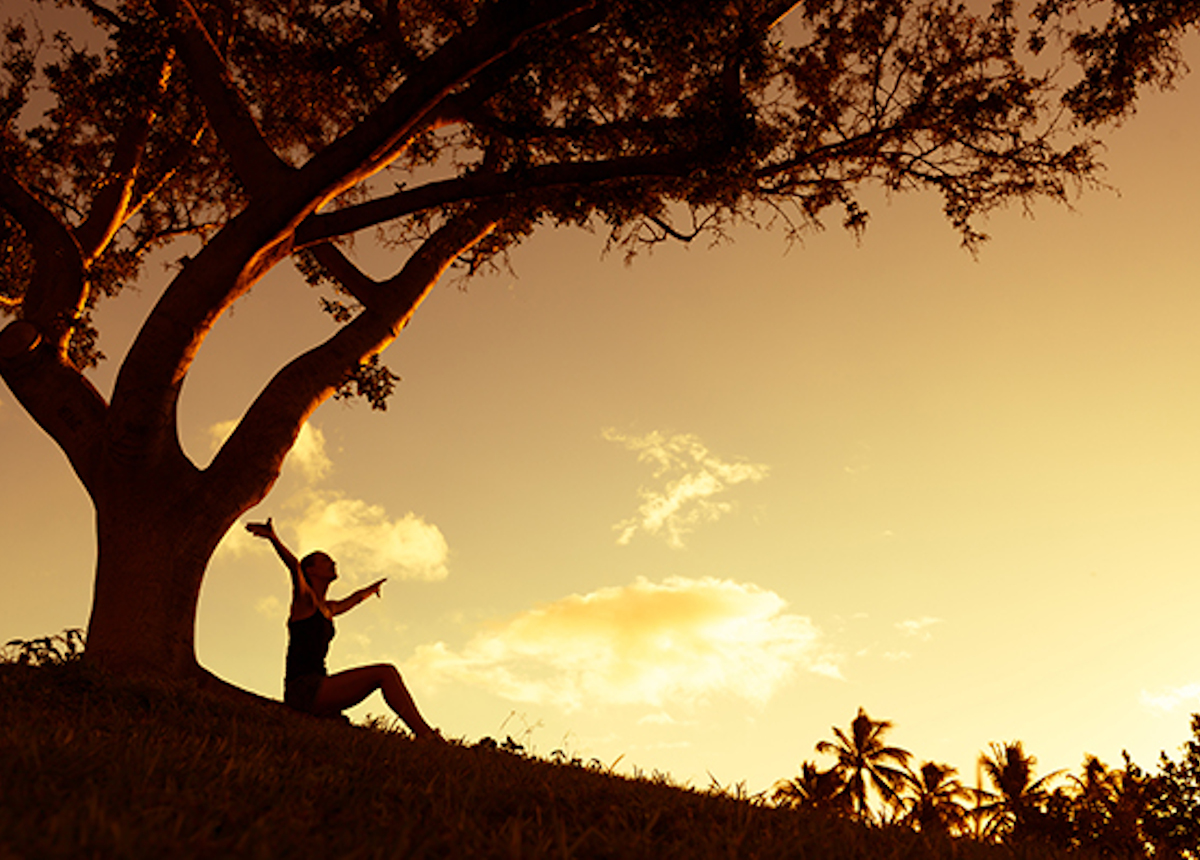 woman sitting underneath a tree smiling