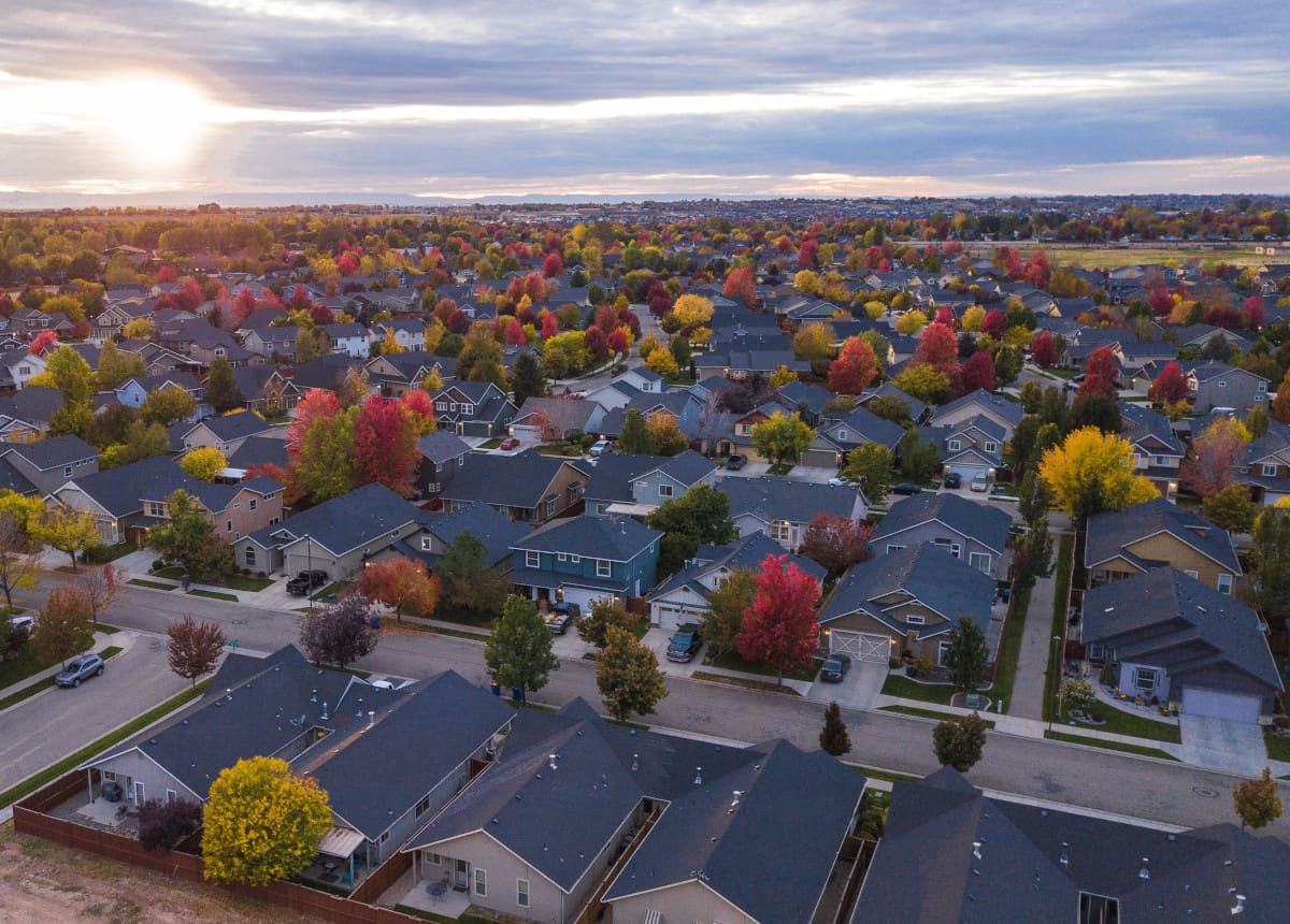 suburb of houses with colorful trees