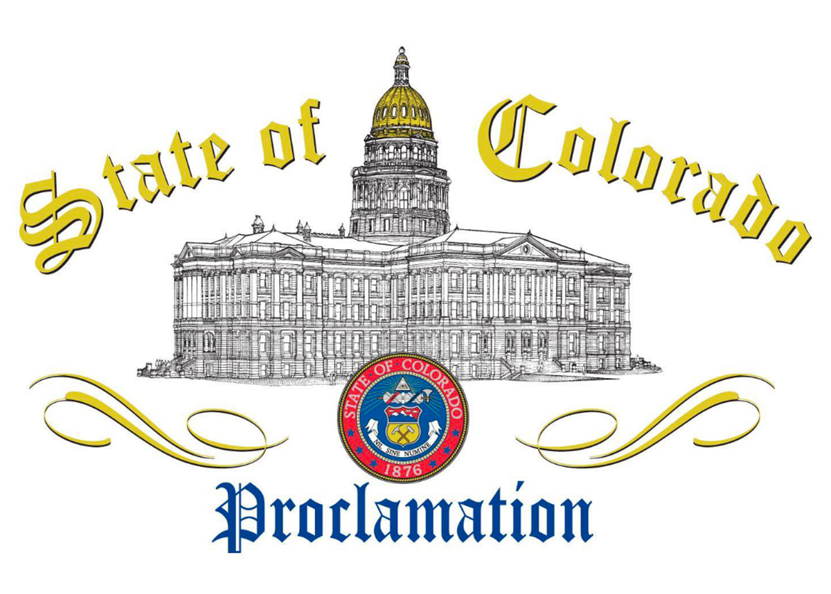 Drawing of CO capital building with state seal and text, 