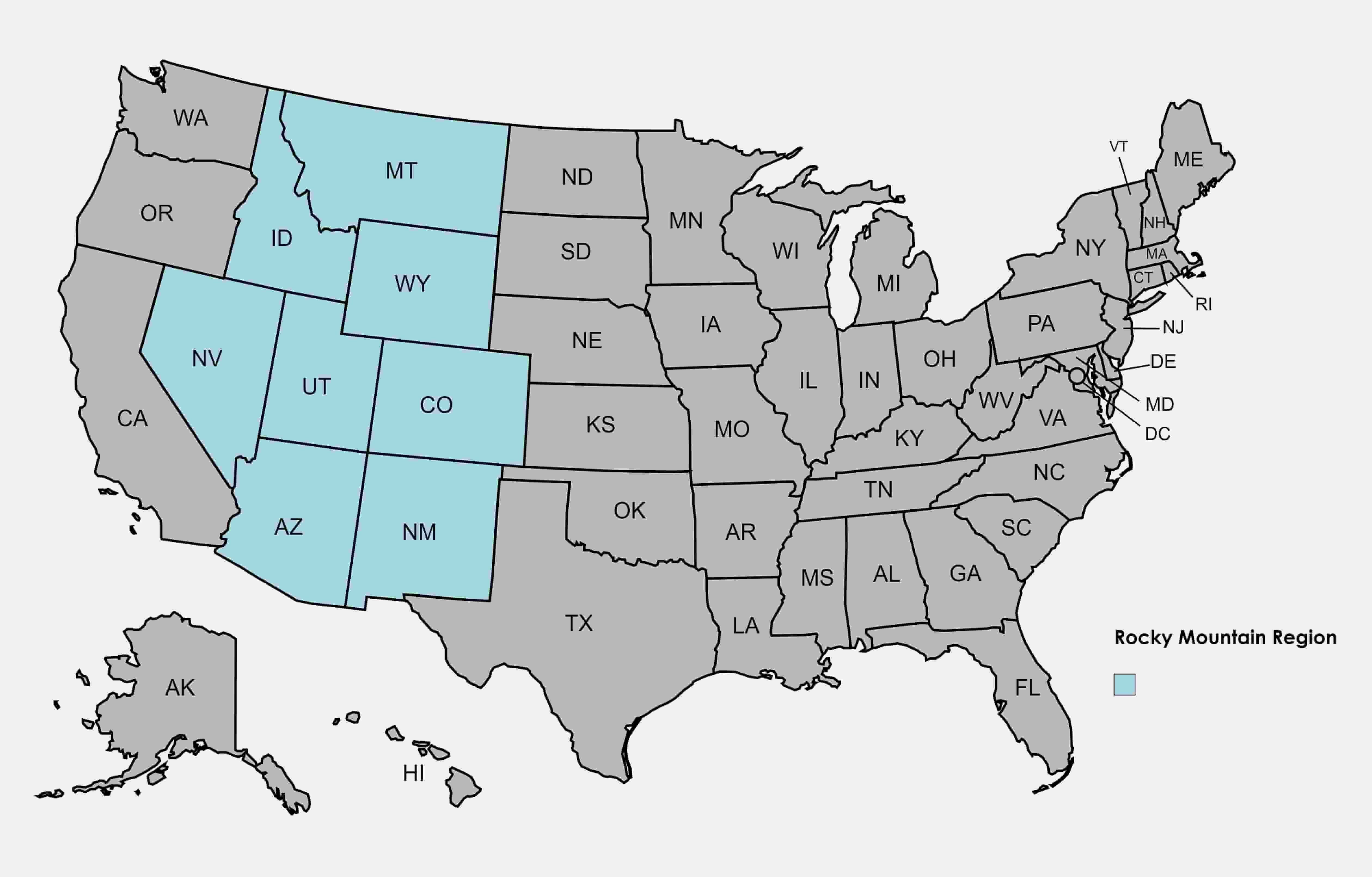 Highlighted states of the rocky mountain region