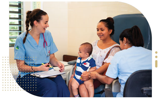 Female nurse student consults with family and baby