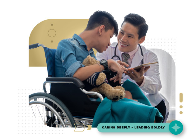 Asian pediatrician man check up diagnosis disability child patient on wheelchair for sickness recovery healing by smile and kindness emotional in hospital room