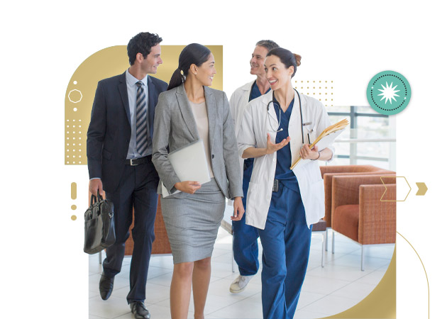 Two women talking while walking with two business man walking behind