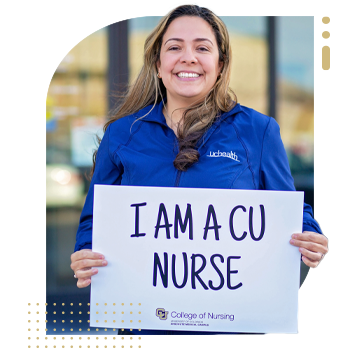 Student nurse holding 'I Am A CU Nurse' sign