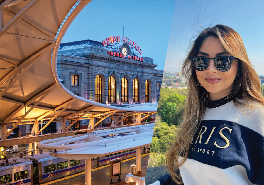 Karla Berrum Karla Berrum with long hair and dark sunglasses smiling. The image is split and the left side is Union Station at dusk.