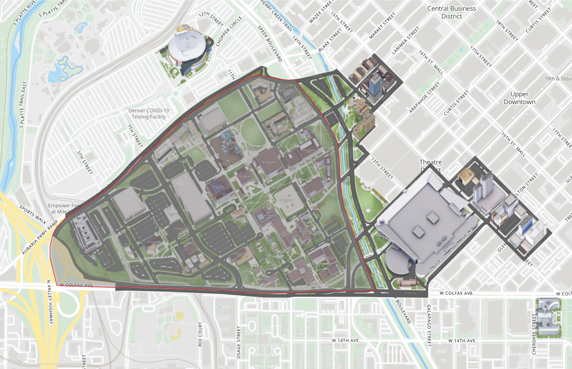 CU Denver Main Campus highlighted map with surrounding Denver context