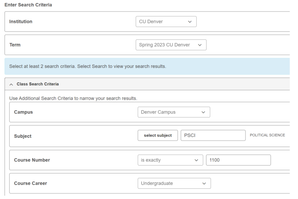 Filled out Class Search 