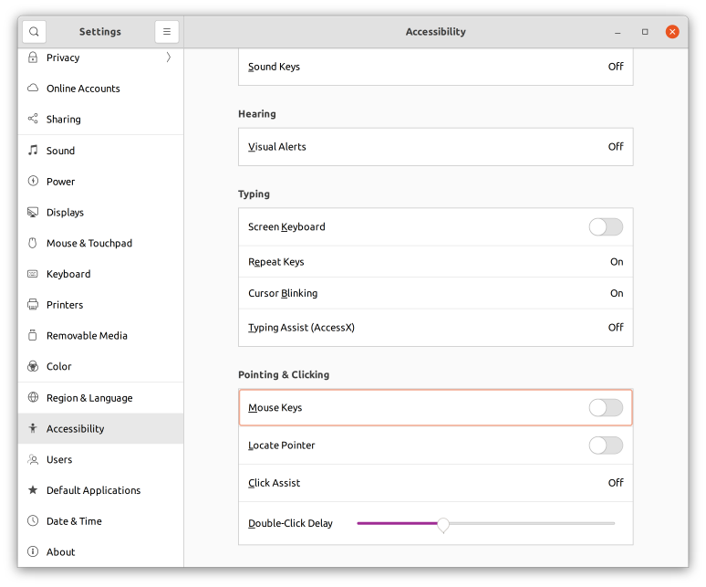 mouse keys settings