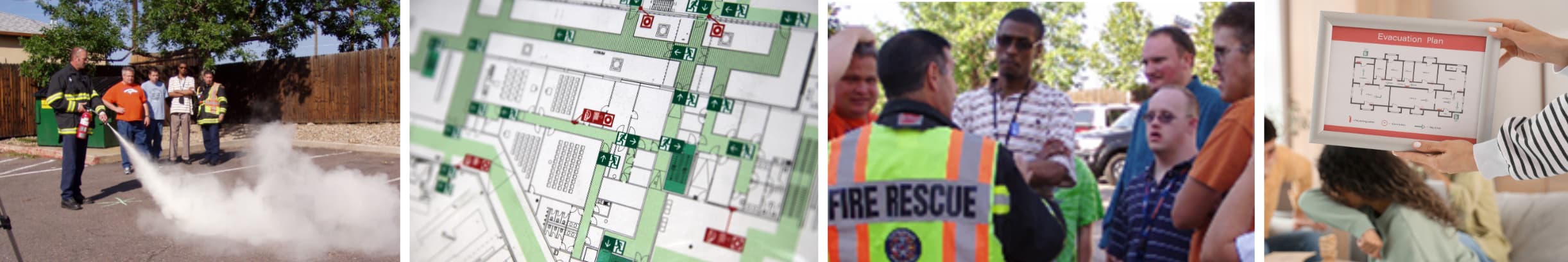 A fire fighter demonstrates a fire extinguisher, evacuation maps