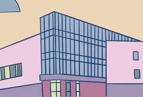 Cartoon image of the CU Denver Wellness Center on the Auraria Campus