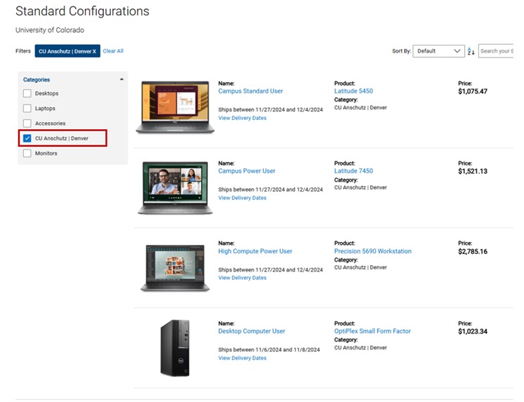Screenshot of the Dell catalog with the CU Anschutz| CU Denver menu item highlighted.